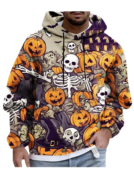 Moisture-wicking Skull and Pumpkin Art Hooded Long Sleeve Sweatshirt
