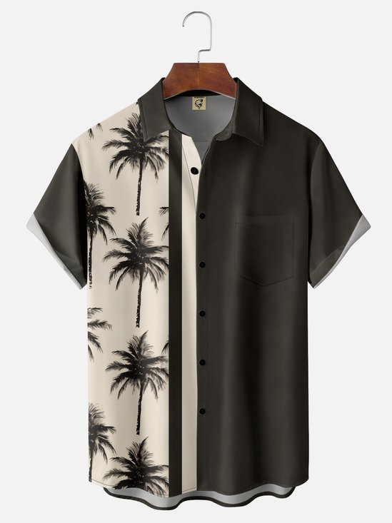 Moisture-wicking Breathable Palm Tree Chest Pocket Bowling Shirt