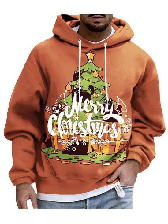 Moisture-wicking Kitten Christmas Tree Hooded Long Sleeve Sweatshirt