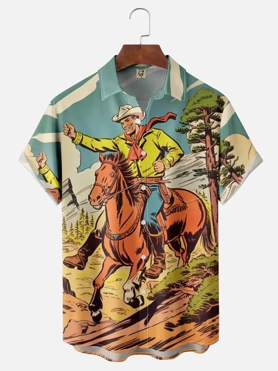 Moisture-wicking Western Cowboy Chest Pocket Hawaiian Shirt