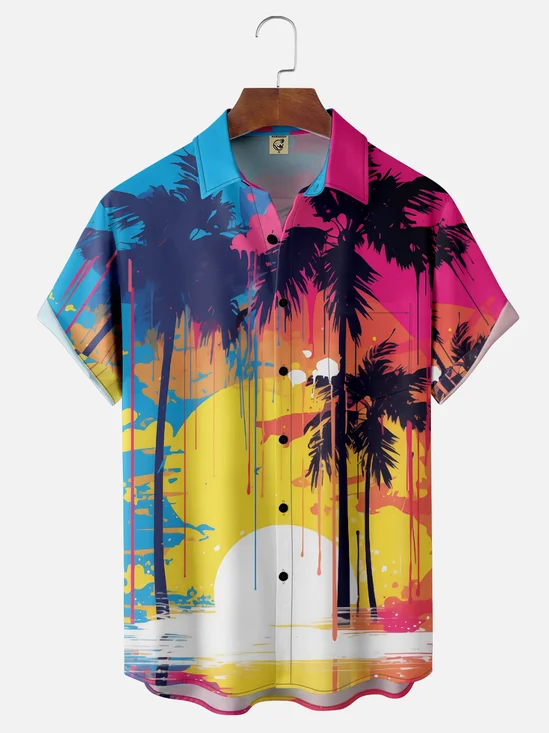 Moisture-wicking Palm Tree Chest Pocket Hawaiian Shirt