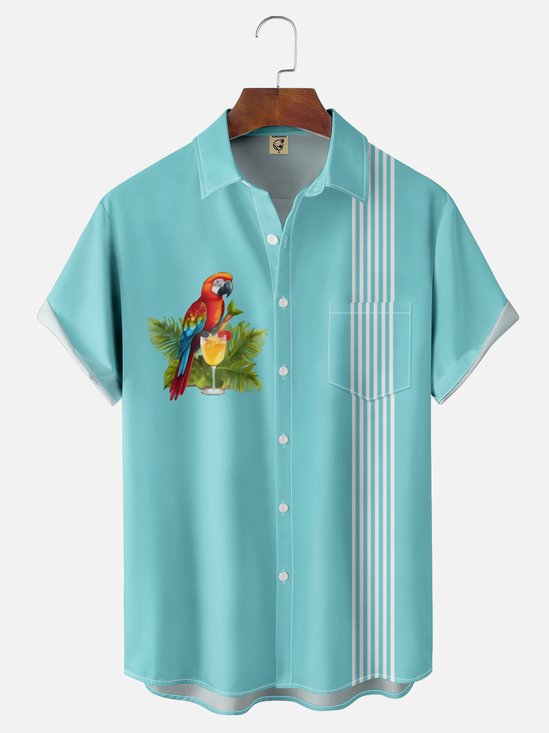 Moisture-wicking Parrot Print Chest Pocket Bowling Shirt