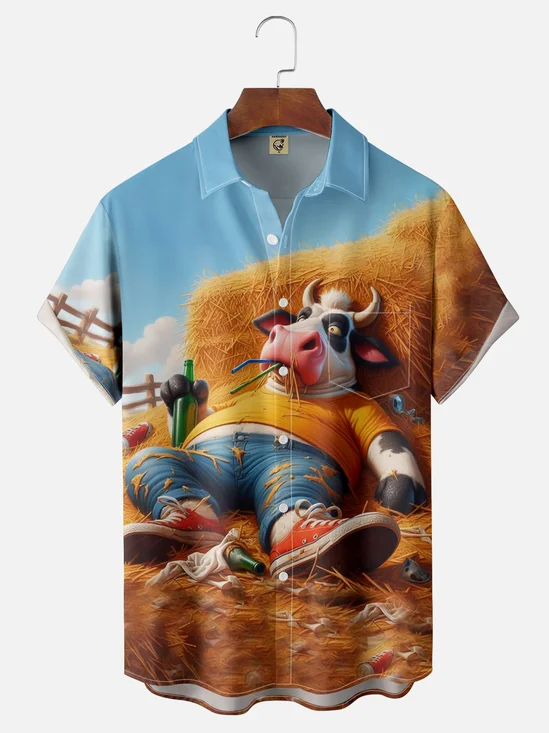Moisture-wicking Drinking Cow Chest Pocket Hawaiian Shirt