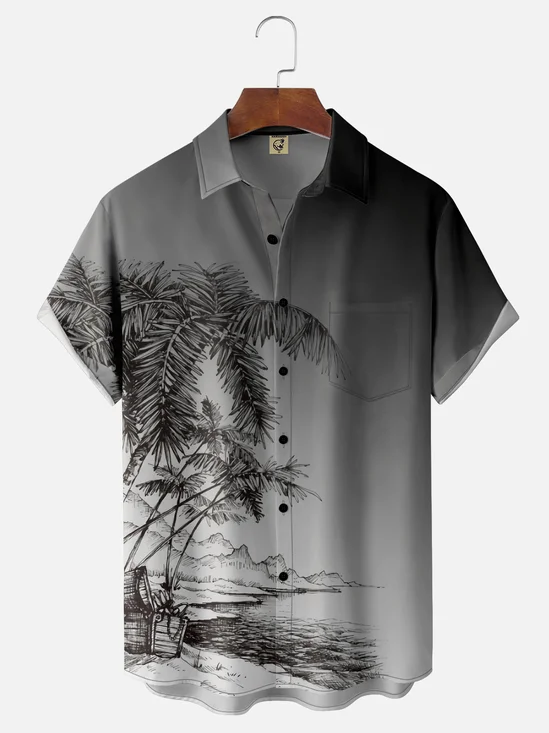 Moisture-wicking Breathable Palm Tree Chest Pocket Hawaiian Shirt
