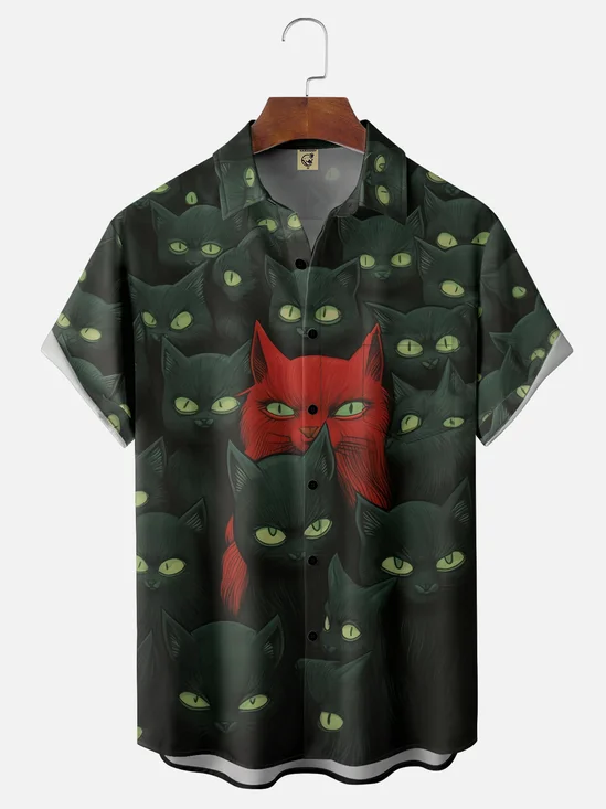 MoistureWicking Halloween Cartoon Cat Chest Pocket Hawaiian Shirt