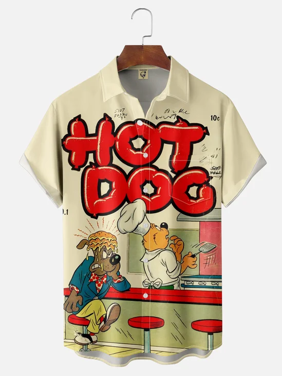 Moisture-wicking Hot Dog Vintage Illustration Chest Pocket Hawaiian Shirt