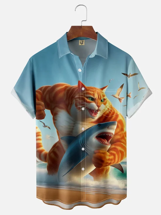 Moisture-wicking Cat vs. Shark Chest Pocket Hawaiian Shirt