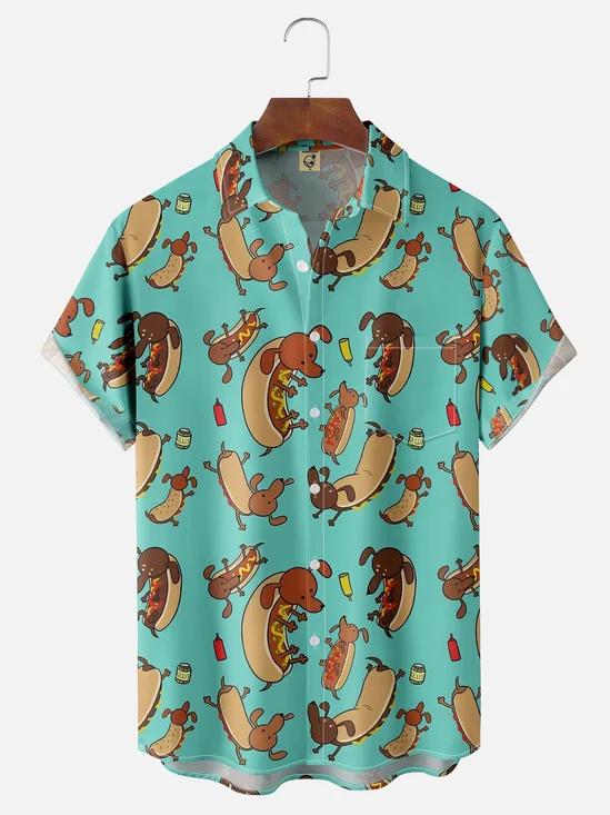 Moisture-wicking Dachshund Hot Dog Chest Pocket Hawaiian Shirt