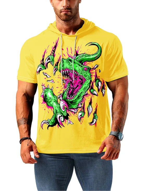 Moisture-wicking Artistic Dinosaur Illustration Hooded Short-sleeved Sweatshirt