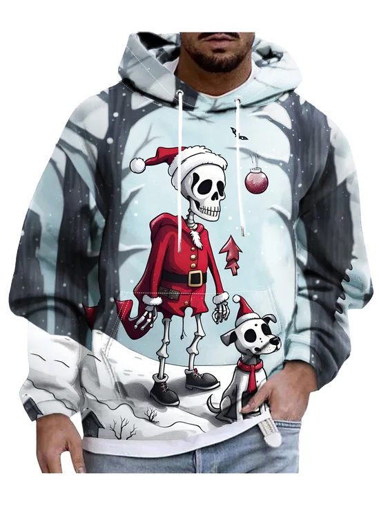 Moisture-wicking Skeleton Santa Hooded Long Sleeve Sweatshirt