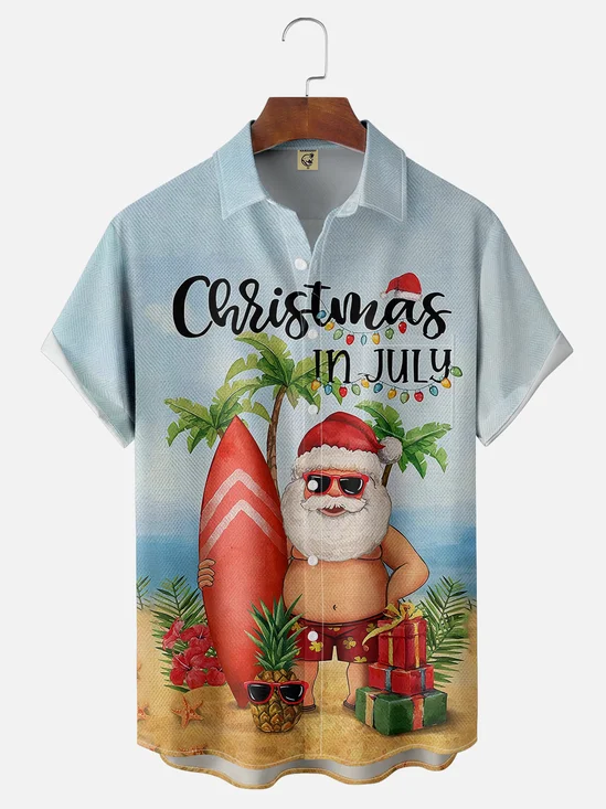 Moisture-wicking Breathable Christmas Santa Chest Pocket Hawaiian Shirt