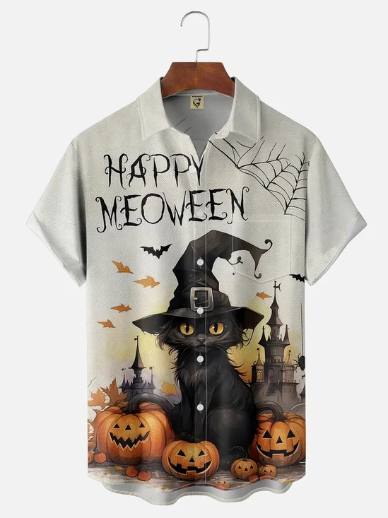 Moisture-wicking Halloween Witch Black Cat Chest Pocket Hawaiian Shirt