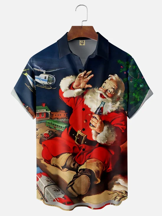 Mens Christmas Cozy Santa Printed Short Sleeve Shirts