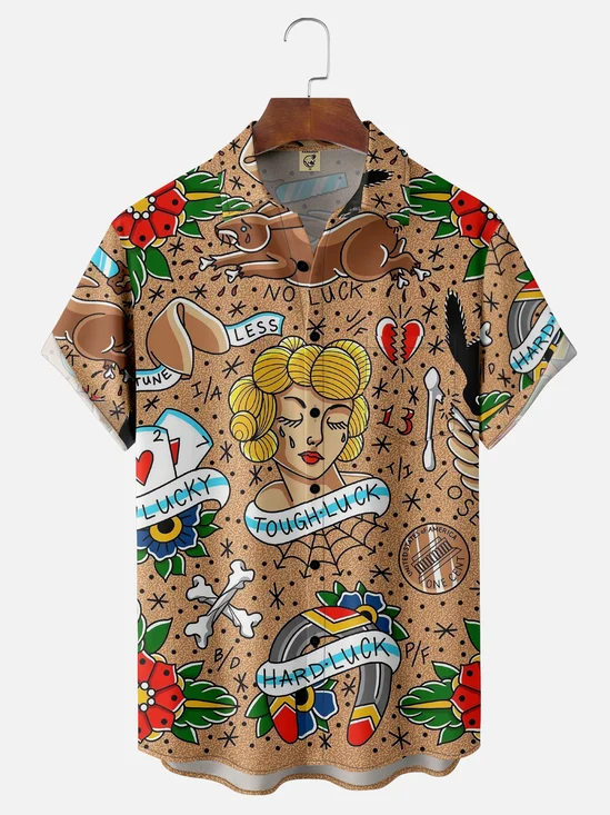 Moisture-wicking Art Tattoo Chest Pocket Hawaiian Shirt