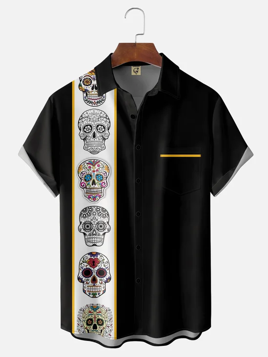 Moisture-wicking Art Skull Chest Pocket Bowling Shirt