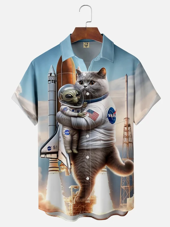 Moisture Wicking Rocket Cat Alien Space Hawaiian Shirt