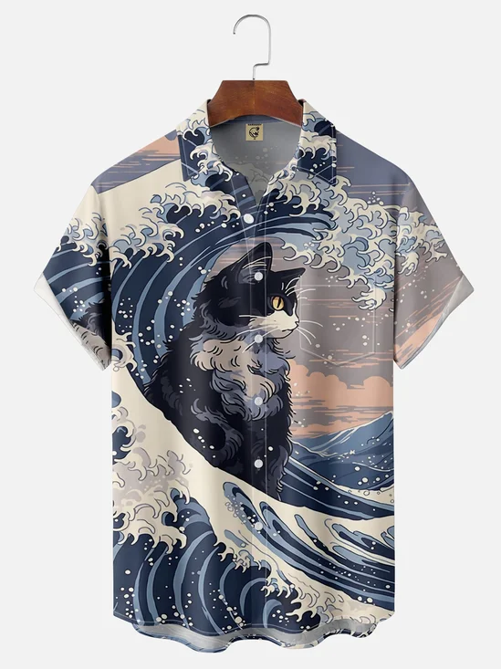 Moisture Wicking Ukiyo-e Surf Cat Hawaiian Shirt