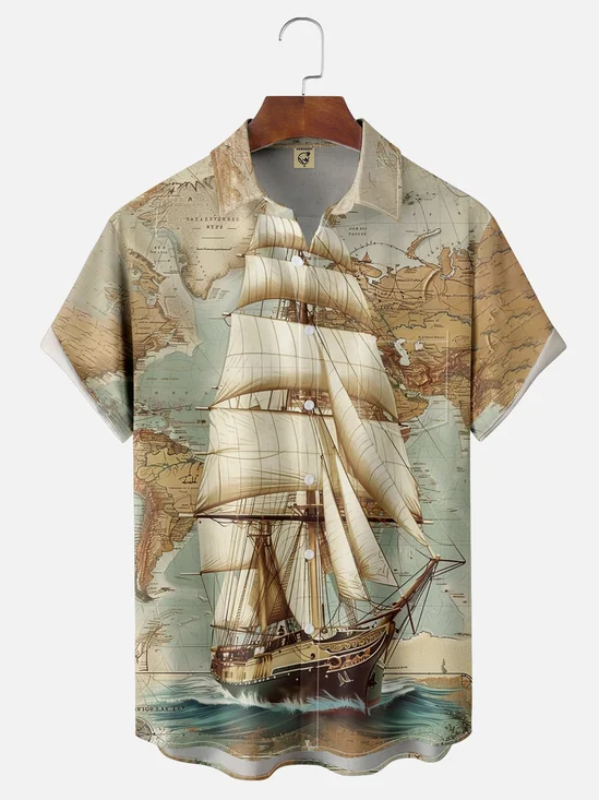 Moisture-wicking Sailing Map Chest Pocket Hawaiian Shirt