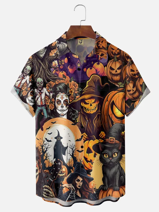 Moisture-wicking Halloween Pumpkin Cat Skeleton Chest Pocket Hawaiian Shirt