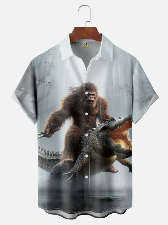 Moisture-wicking Bigfoot vs. Giant Crocodile Chest Pocket Hawaiian Shirt