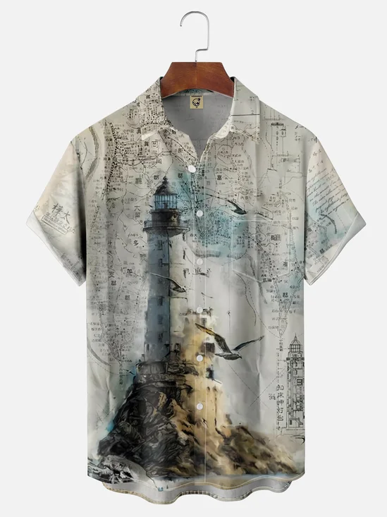 ShMoisture-wicking Lighthouse Manuscript Chest Pocket Hawaiian Shirt