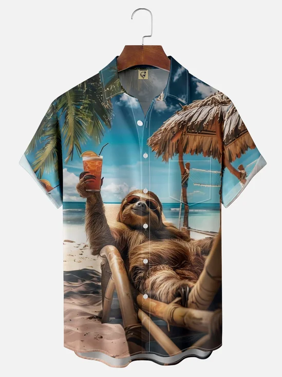 Moisture-wicking Vacation Sloth Chest Pocket Hawaiian Shirt