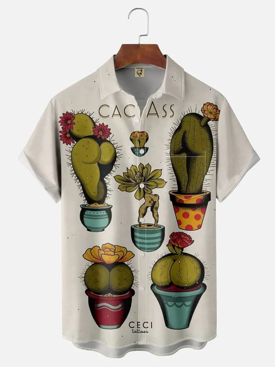 Moisture-wicking Cactus Creative Art Chest Pocket Hawaiian Shirt