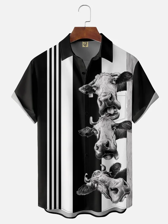 Moisture-wicking Artistic Cow Illustration Chest Pocket Bowling Shirt