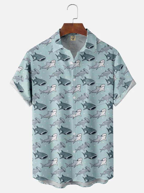 Moisture-wicking Art Shark Painting Chest Pocket Hawaiian Shirt