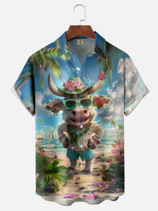 Moisture-wicking Beach Cow Chest Pocket Hawaiian Shirt