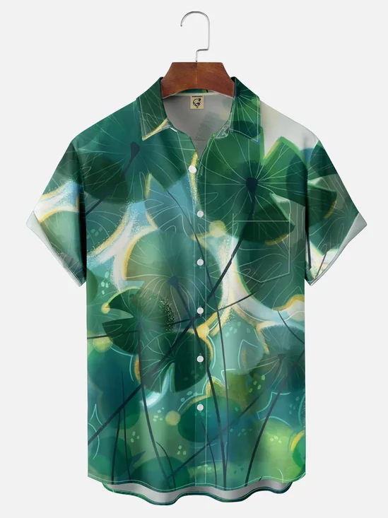 Moisture-wicking Watercolor Lotus Leaf Chest Pocket Hawaiian Shirt