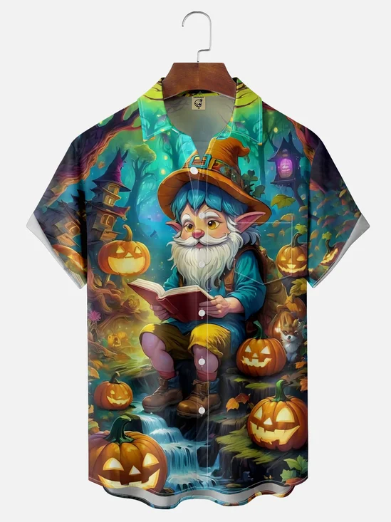 Moisture-wicking Gnome and Pumpkin Chest Pocket Hawaiian Shirt