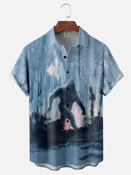 Moisture-wicking Oil Painting Bigfoot Chest Pocket Hawaiian Shirt