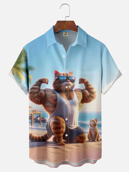 Moisture-wicking Cat on the Beach Chest Pocket Hawaiian Shirt