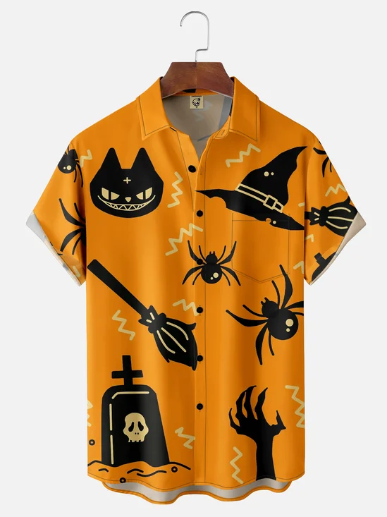 Moisture Wicking Halloween Cat Skeleton Chest Pocket Hawaiian Shirt