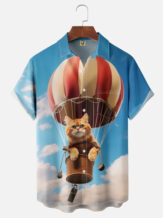 Moisture-wicking Hot Air Balloon Cat Chest Pocket Hawaiian Shirt