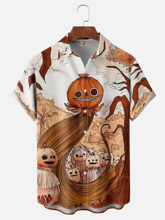 Moisture-wicking Pumpkin Monster Chest Pocket Hawaiian Shirt