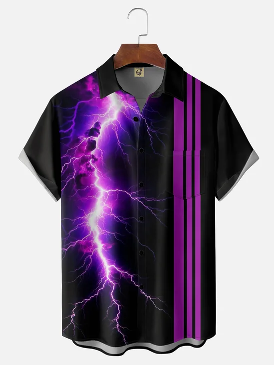 Moisture-wicking Purple Thunder Art Chest Pocket Bowling Shirt