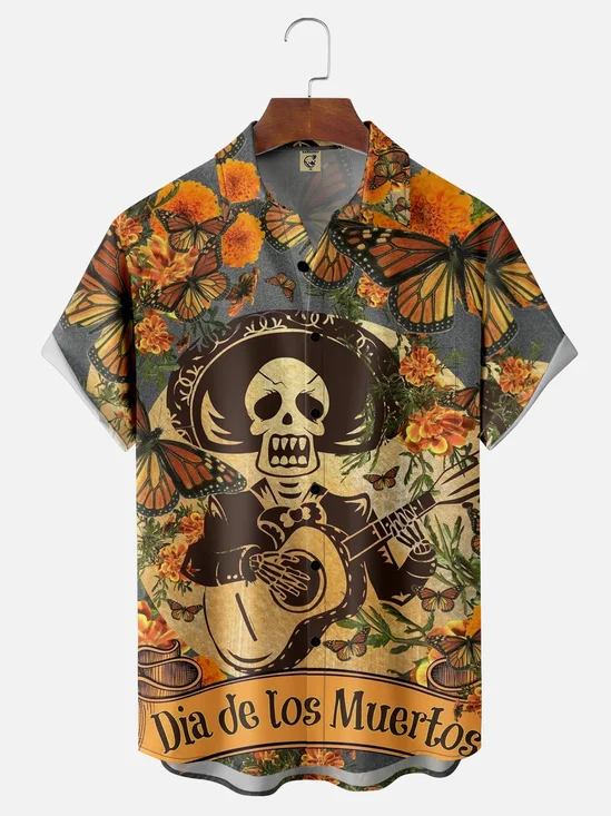Men's Halloween Print Anti-Wrinkle Moisture Wicking Fabric Fashion Hawaiian Lapel Short Sleeve Shirt