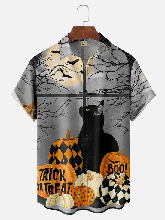 Moisture-wicking Halloween Black Cat Chest Pocket Casual Shirt
