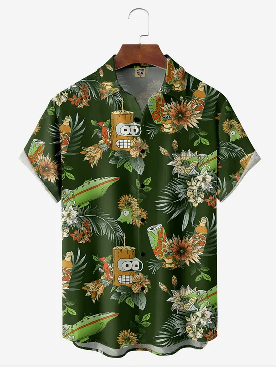 Tall Size Botanical Drink Chest Pocket Short Sleeve Hawaiian Shirt