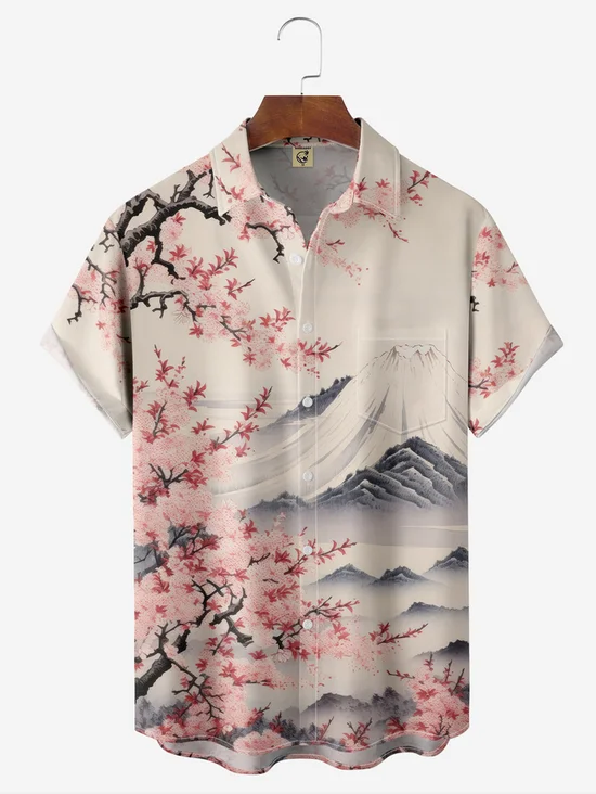 Tall Size Moisture-wicking Ukiyoe Japanese Mount Fuji Chest Pocket Hawaiian Shirt