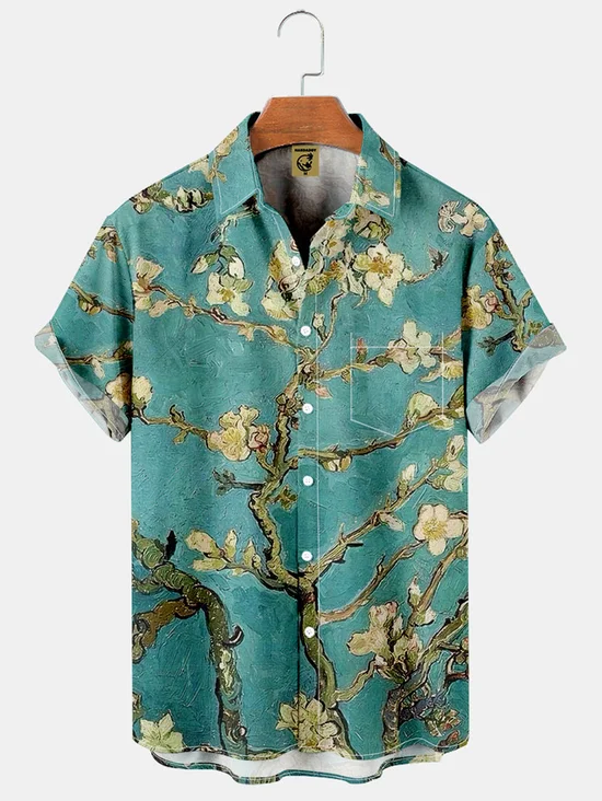 Tall Size Moisture-wicking Van Gogh Floral Chest Pocket Hawaiian Shirt