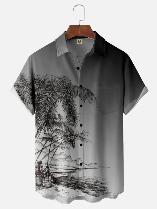 Tall Size Moisture-wicking Gradient Palm Tree Chest Pocket Hawaiian Shirt