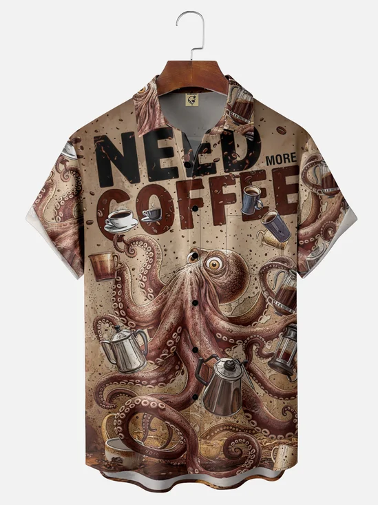 Moisture-wicking Octopus Need Coffee Chest Pocket Hawaiian Shirt