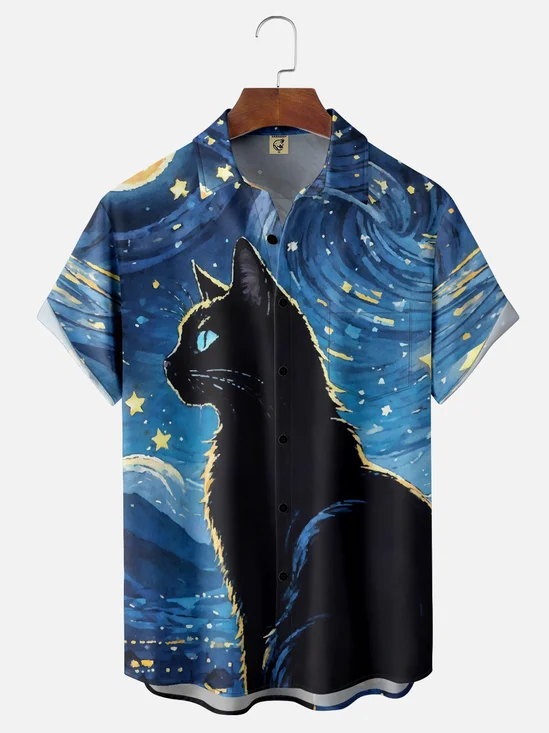 Moisture-wicking Starry Night Black Cat Chest Pocket Hawaiian Shirt