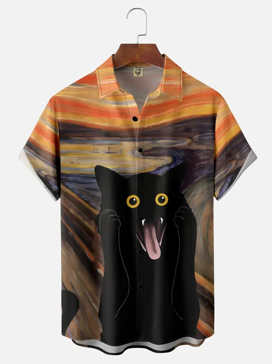 Moisture-wicking Screaming Black Cat Chest Pocket Hawaiian Shirt
