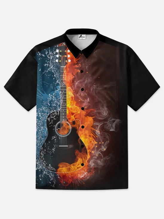 Moisture-wicking Rock Roll Guitar Chest Pocket Casual Shirt
