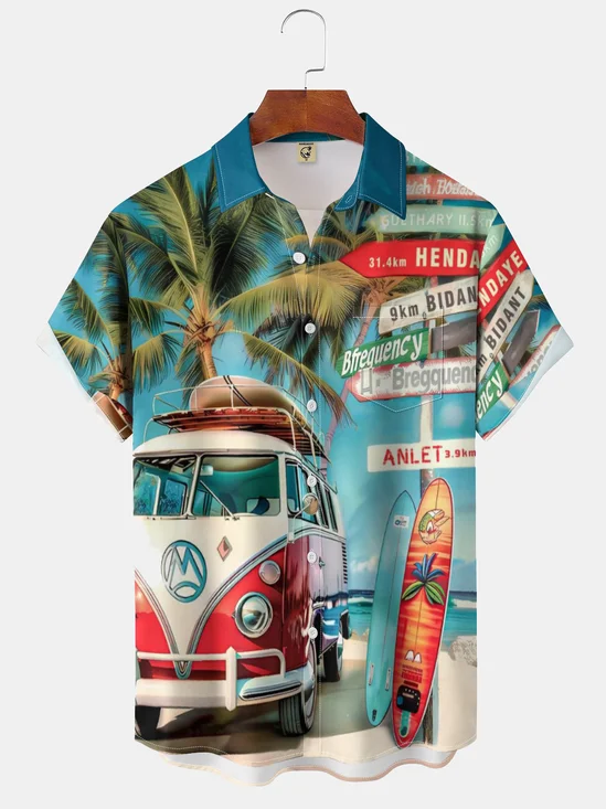 Moisture-wicking Vintage Car Palm Tree Chest Pocket Hawaiian Shirt