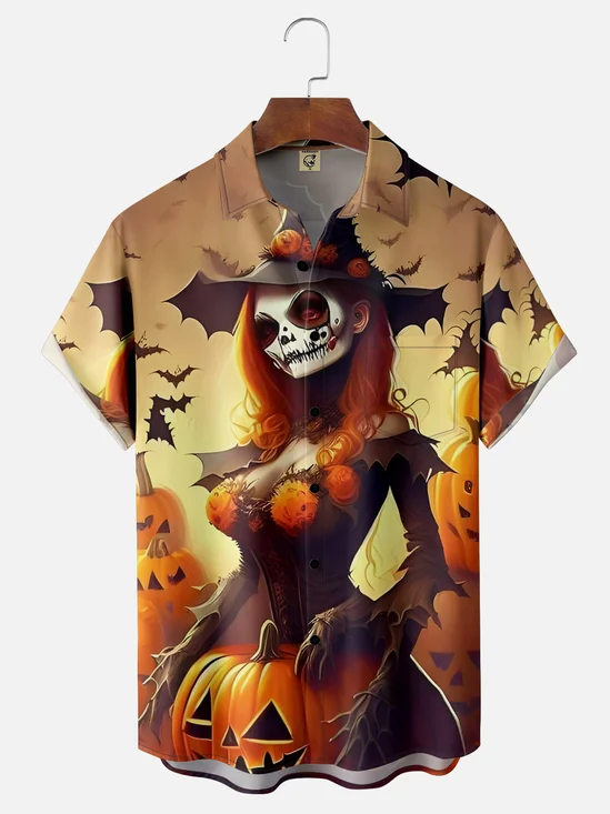 Moisture-wicking Halloween Witch Chest Pocket Hawaiian Shirt